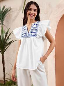 SHEIN Teen Girl Vacation Style Printed Notched Collar Ruffle Armhole Blouse