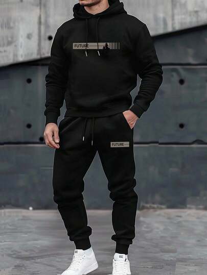 Manfinity Homme 男士字母印花长袖抽绳连帽运动衫和运动裤休闲两件套，秋冬