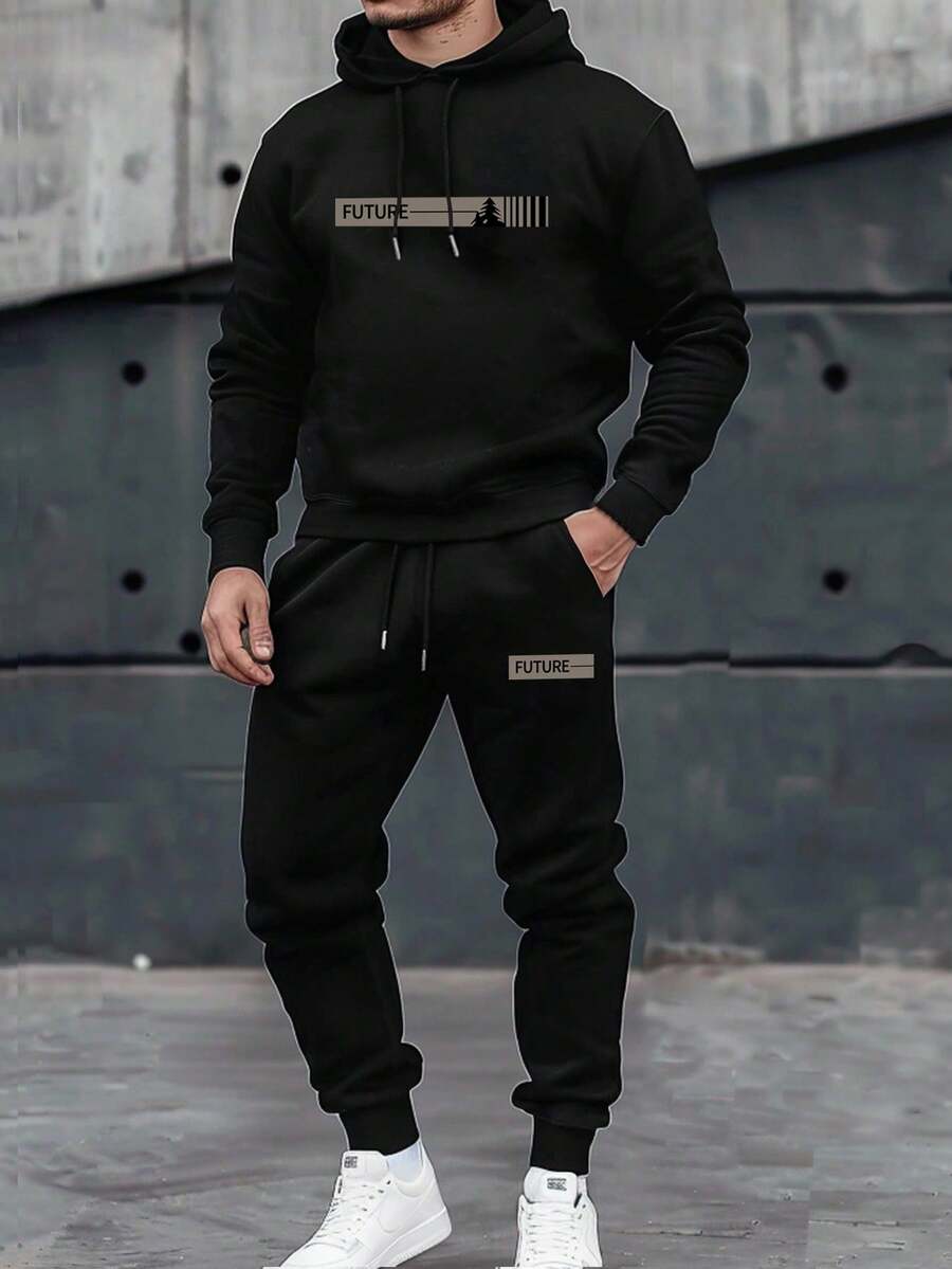 Manfinity Homme 男士字母印花长袖抽绳连帽运动衫和运动裤休闲两件套，秋冬 - 黑色 - 查看 1