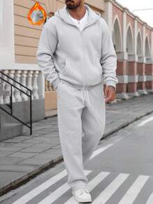 Manfinity Homme 男士标准尺码连帽拉链口袋长袖抓绒卫衣+弹力腰抽绳直筒裤套装，休闲百搭，适合度假、聚会、日常约会、居家、办公等场合，简约百搭，自穿或送友皆宜。灰色运动套装，男士运动服套装，男士街头风套装，冬季必备。 - 灰色 - 查看 7