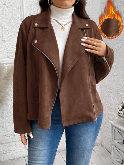 SHEIN LUNE Plus Size Women's Turndown Collar Long Sleeve Zip-Up Casual Brown Halloween Jacket Winter Clothes Brown Jacket Women Oversized Jacket Brown Blazer Women Chocolate Brown Top Plus Size Jacket