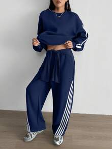 Aidyla Set de 2 sudaderas con capucha de felpa con rayas de color contrastante, estilo callejero de moda