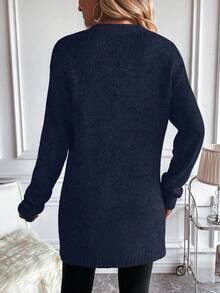 EMERY ROSE Women's Navy V-Neck Simple Fashionable Versatile Floral Knit Cardigan - Navy Blue - View 2
