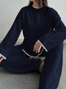 Flirla 2件套女士撞色针织毛衣和裤子套装 - 藏蓝色 - 查看 4