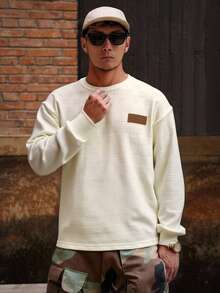 DAZY Camiseta de manga larga de unicolor beige con diseño de puños acanalados para hombre, otoño - Beis - Ver 5