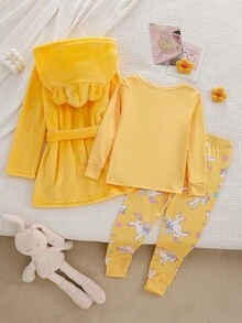 SHEIN Playful Pals 三件套女童可爱独角兽印花睡衣套装，含长袖毛绒外套，舒适保暖，适合秋冬季穿着。 - 黃色 - 查看 2