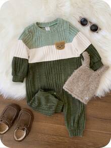 SHEIN Setelan Jumpsuit Lengan Panjang Rajut Rib Termal Warna Hijau Sage untuk Bayi Laki-laki, Baju Terusan Sweater Seragam Lucu dan Sopan untuk Balita di Musim Gugur. - Biru - View 3