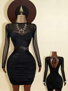 Franclia Fashionable Business Round Neck Long Sleeve Mesh Patchwork Backless Women Dress - Black - View 7