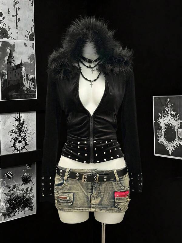 EgrlEra Sudadera con capucha negra para mujer con cuello de piel sintética y decoración metálica