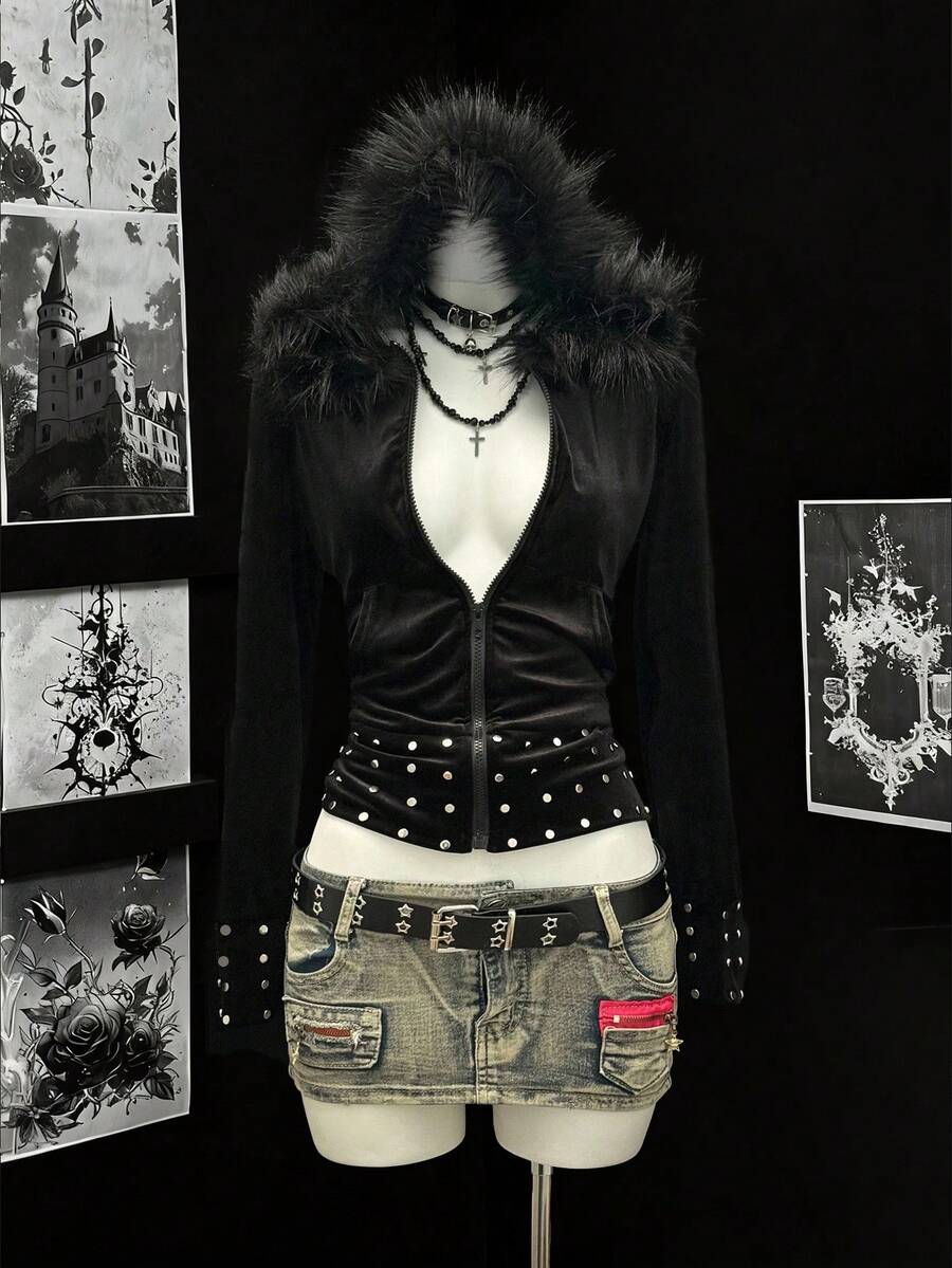 EgrlEra Áo nỉ trùm đầu màu đen dành cho nữ có cổ lông thú giả và trang trí bằng kim loại - màu đen - Xem 1