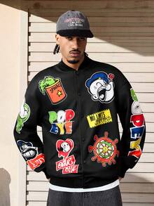 Popeye X SHEIN Men's Casual Letter & Cartoon Graphic Button-Up Long Sleeve Jacket, Autumn - Black - View 5