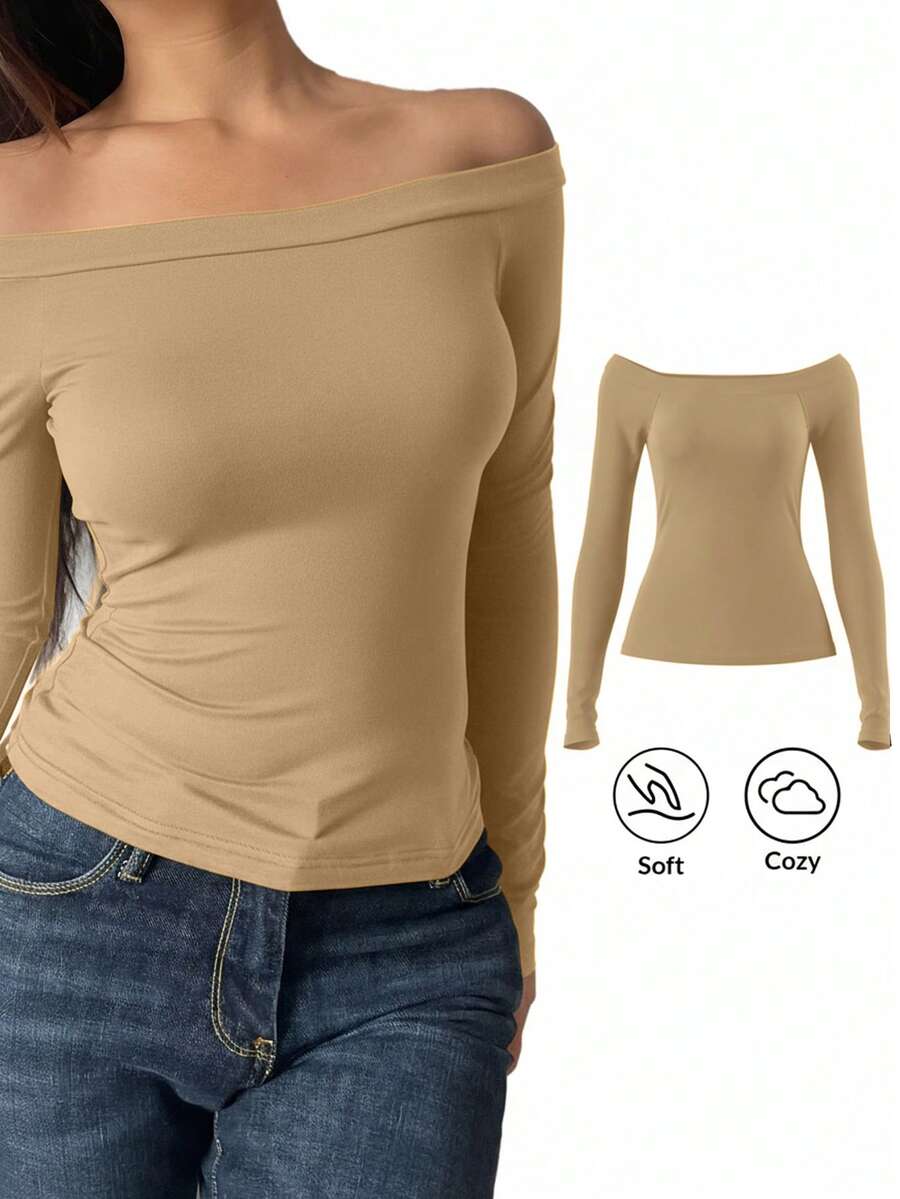 SHEIN BASICS 1件女士休闲纯色露肩长袖修身衬衫 - 卡其色 - 查看 1