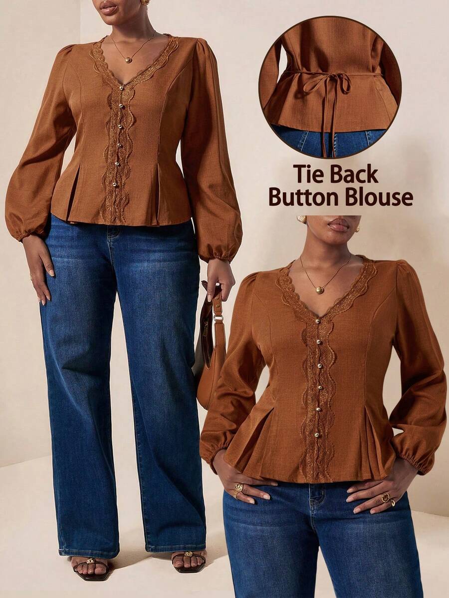 EMERY ROSE Plus Size Women's Solid Color Linen-Like Lace Patchwork Long Sleeve Round Neck Ruffle Retro Elegant Casual Blouse