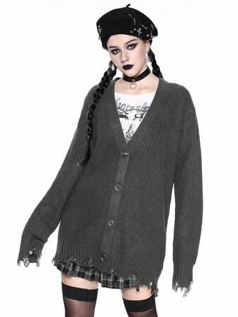 Women's Gothic Casual V-Neck Distressed Hem Knit Cardigan Loose Jacket Top, Autumn/Winter