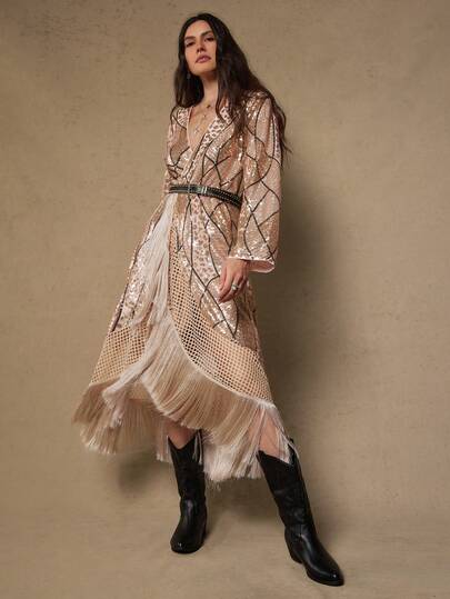 Freevana Vestido de fiesta con lentejuelas, parches y flecos en el bajo para tallas grandes