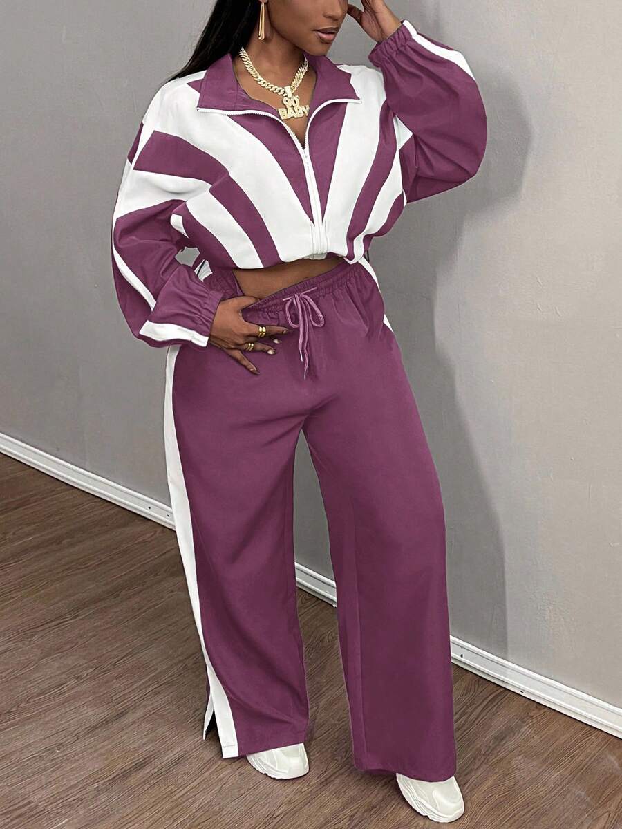 Slaydiva 女士撞色拼接运动夹克和阔腿裤休闲两件套 - 紫色 - 查看 1