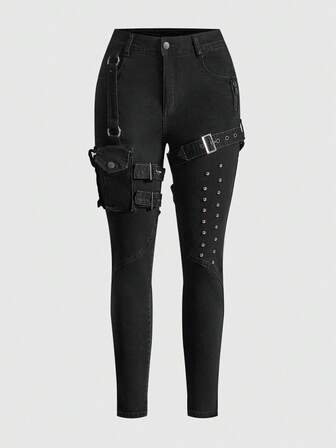 Goth Jeans skinny à haute élasticité de style punk Kpop avec poches 3D pour femmes