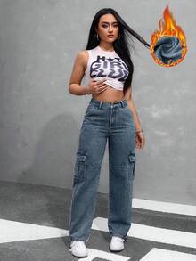 SHEIN ICON 女士纯色休闲保暖牛仔裤 - 深色水洗藍 - 查看 3