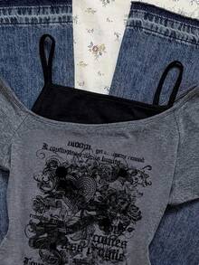 Attitoon Áo thun tay ngắn họa tiết trái tim, gai, hoa hồng, phong cách thường ngày, retro, grunge, punk, goth, tối màu, dành cho nữ, phù hợp cho mùa thu/đông, hoạt động ngoài trời, phong cách đường phố, sang trọng, Y2K - Nhiều màu - Xem 6
