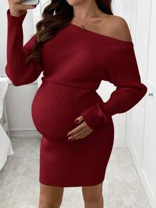 SHEIN Elegant Solid Color Off-Shoulder Knit Maternity Dress, Autumn/Winter - Red - View 6