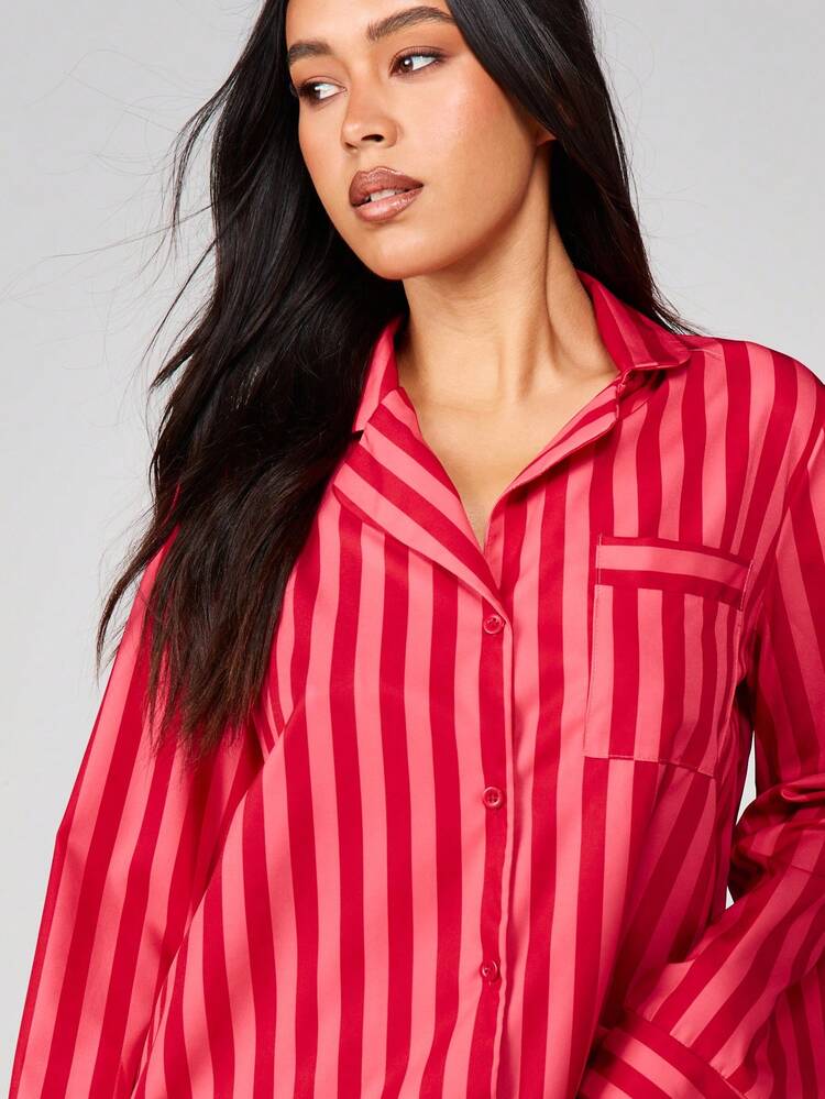 MISSGUIDED Striped Long Sleeve Button Up Pajama Set For Women Comfort Sleepwear Lounge