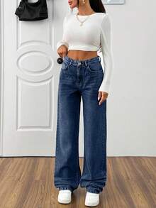 EURMUSE HIGH WAIST CASUAL STYLE DENIM STRAIGHT - Dark Wash - View 5