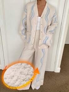 DAZY Conjunto de pijama de mujer de 2 piezas con top de manga larga holgado y pantalones de punto a rayas, para otoño/invierno