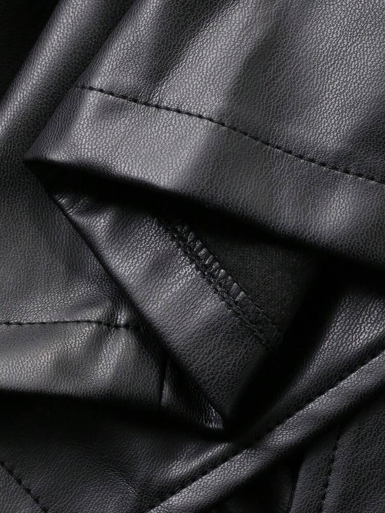 Women's Elegant Solid Color PU Leather Belted Lapel Mini Dress, Autumn