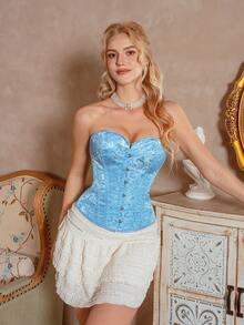 Myrelith 1pc Women Floral Jacquard Front Button Camisole Shapewear Top - Baby Blue - View 6