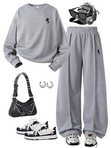 ChillGRL Tween Girls Casual All-Match Versatile Sports & Loungewear Set: Loose Embroidered Crew Neck T-Shirt + Wide Leg Sweatpants - Grey - View 4