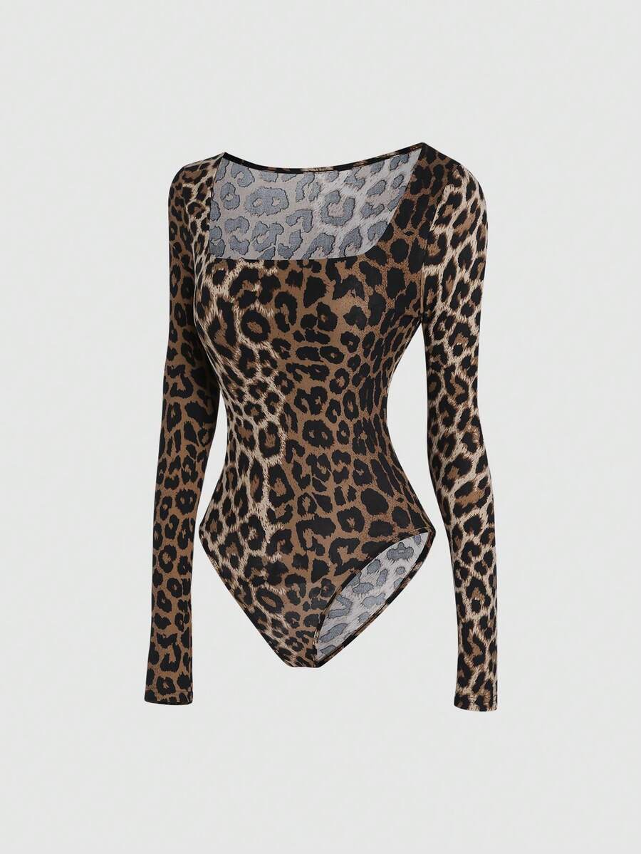 Sweetra Body à manches longues et col roulé pour femme, imprimé léopard blocs de couleurs, coupe ajustée, élégant et polyvalent pour les trajets quotidiens.