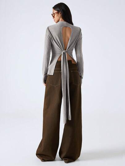 LYSMO Damen einfarbiges minimalistisches Schnürshirt mit Langarm, lässiger Alltagskleidung