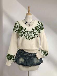 Elamini Áo len dệt kim Jacquard cổ chữ V đa năng, tay dài, hở vai, phong cách Thu/Đông dành cho nữ - Nhiều màu - Xem 1
