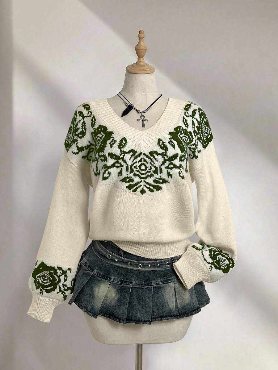 Elamini Áo len dệt kim Jacquard cổ chữ V đa năng, tay dài, hở vai, phong cách Thu/Đông dành cho nữ - Nhiều màu - Xem 1