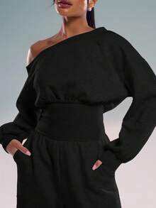 MUSERA 不对称肩部束腰阔腿连体裤，休闲夏季度假冬季居家舒适休闲春季机场穿搭 - 黑色 - 查看 5