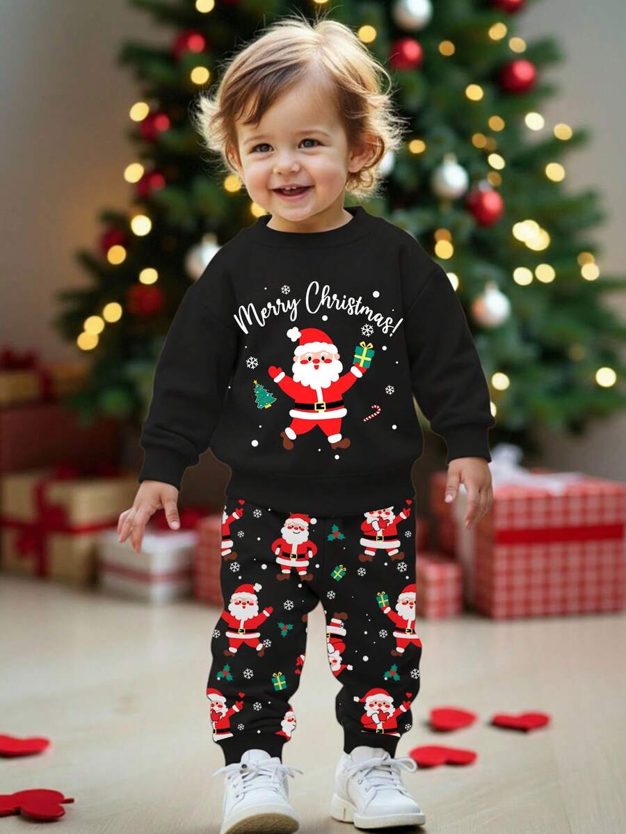 SHEIN Baby Boy Black Christmas Deer Star Christmas Tree Cartoon Pattern Knit Sweatshirt And Pants Set,Cute Matching Family Autumn Warm Comfortable Outfit - Multicolor - View 1
