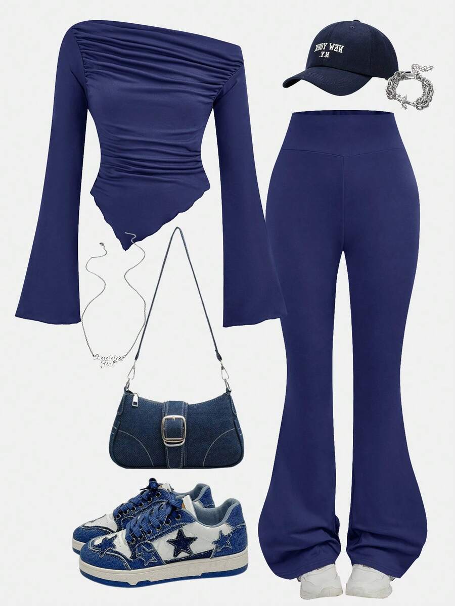 SHEIN Girlism 少女休闲两件套，浅灰色褶皱长袖修身针织上衣搭配喇叭裤，适合居家、户外、旅行、机场等场合，日常休闲穿着。蓝色套装，蓝色全套服装。 - 藏蓝色 - 查看 1