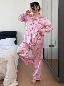 Napfluff CURVE Napfluff CURVE 大码女式蝴蝶结条纹仿丝绸翻领上衣和裤子睡衣套装，冬季服装 - 白色 - 查看 3