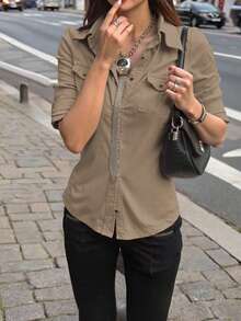 INAWLY Women's Khaki Long Sleeve Cinched Waist Utility Shirt, Outdoor Casual Commuter, Autumn - Mocha Brown - View 3