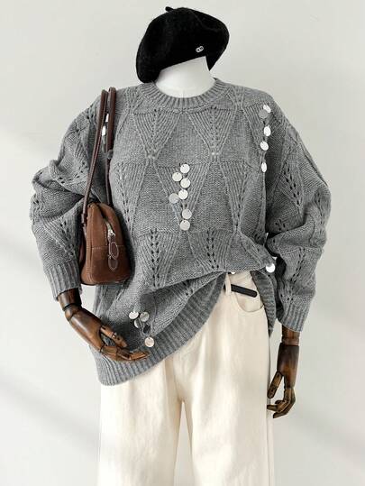 Auralis 大码女式秋冬时尚优雅宽松舒适日常亮片灰色长袖套头毛衣，秋季，冬季，女式冬季毛衣