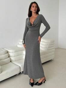 Aloruh Grau gestricktes 2-in-1 Langarmkleid, sexy Tassen-Design, Herbst/Winter