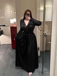 Flirla 黑色蕾丝拼布V领长袖连衣裙，修身，收腰，优雅性感，大码 - 黑色 - 查看 5