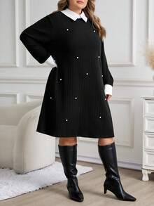 SHEIN CURVE+ LUNE 大码春秋休闲拼色串珠装饰连衣裙冬装，有袖连衣裙，黑色长袖连衣裙，感恩节连衣裙 - 黑色 - 查看 4