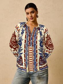 Travachic قميص نسائي كبير الحجم بأكمام طويلة مطبوع بنمط نباتات استوائية، بياقة على شكل حرف V وسحاب تعليق - متعدد الألوان - مشاهدة 4