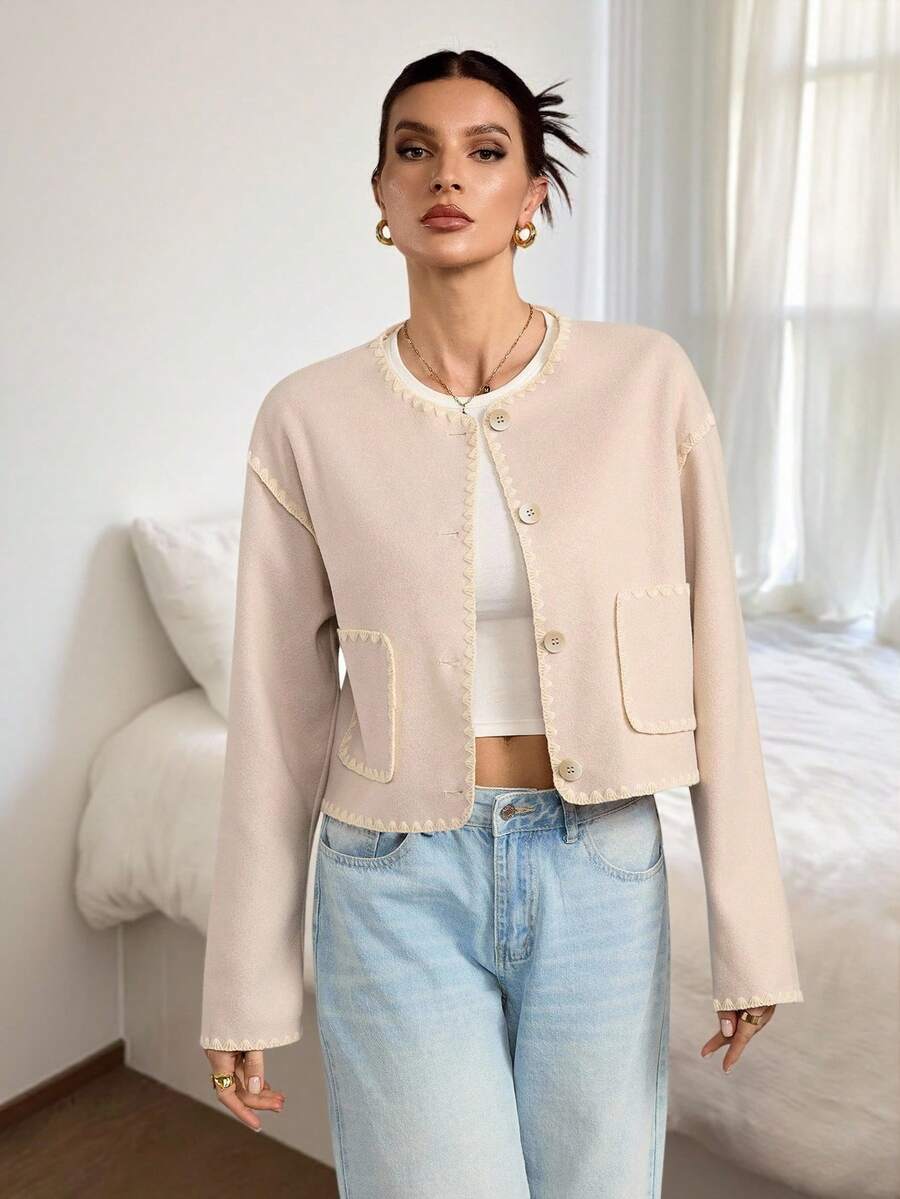 SHEIN Tall 女士圆领夹克，刺绣撞色边缘夹克，休闲街头风格女士夹克，办公室服装 - 杏色 - 查看 1