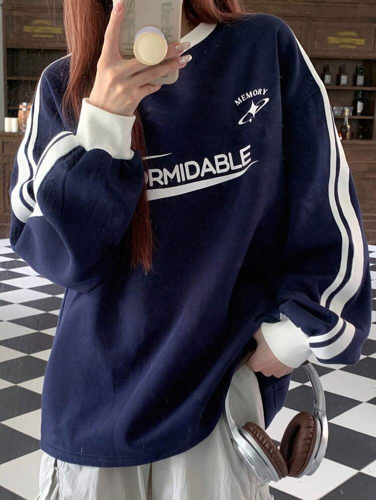 Women's Thermal-Lined Korean Style English Letter Long Sleeve Sweatshirt, Autumn/Winter