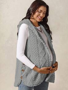 Boho Mama Pregnant Women's Geometric Textured Button Design Fluffy Hooded Cardigan, Autumn/Winter - Light Grey - View 4