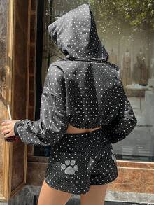 Zielony 波点休闲短款卫衣，时尚百搭黑色波点拉链卫衣，街头风女装，Y2K风格上衣，秋季女装，Y2K，姐妹，现在，时尚上衣，美学卫衣，送给姐妹的礼物，节日礼物，休闲简约时尚上衣 - 黑色 - 查看 2