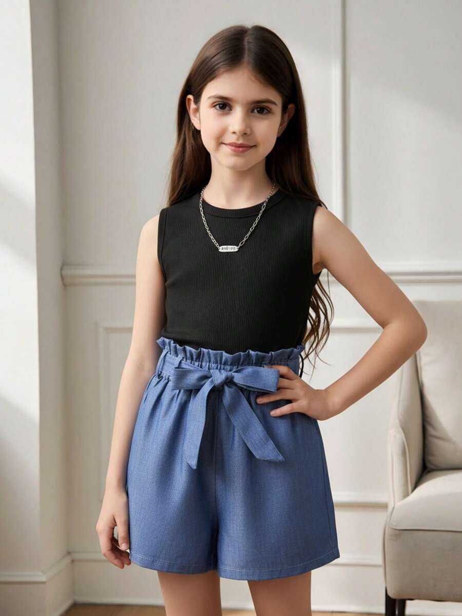 SHEIN Tween Girl Solid Color Vest And Shorts 2 Piece Set