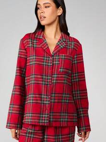 MISSGUIDED Plaid Flannel Pajama Set Long Sleeve Button Up Top Matching Pants Lounge Sleepwear Christmas Holiday - Red - View 5